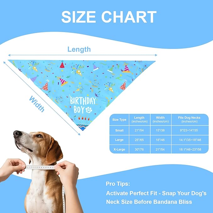 Dog Birthday Bandana Boy for Large X-Large Dogs, Reversible 2 Patterns in 1, Blue Confetti Scarf, Happy Birthday Party Outfit Puppy Gift (18-23" Neck)