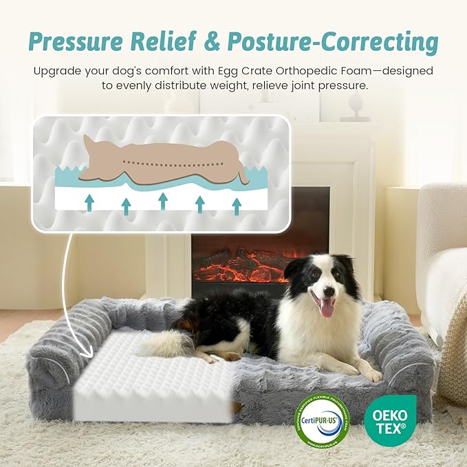 Faux Fur Orthopedic Dog Bed, Super Soft Large Dog Bed, Supportive Foam Bolster Pet Sofa with Waterproof Lining Cover, Washable U-Shaped Pet Couch with Anti-Slip Bottom Design, Grey XL 42x30x7 inch