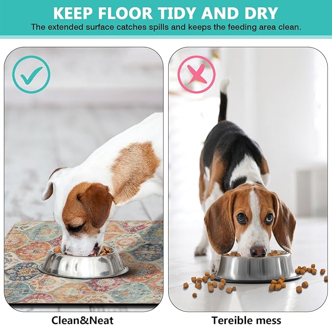 Moroccan Trellis Dog Food & Water Mat, Mexican Talavera Boho Colorful Pet Feeding Mat for Floor Non-Slip Waterproof, Super Absorbent Cat Bowl Mat, Easy to Clean Durable Pet Placemat,24" × 32"