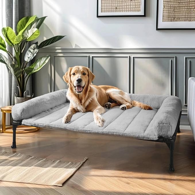 Veehoo Orthopedic Elevated Dog Bed with Fluffy Plush Bolster Cushion, Indoor Raised Dog Beds for Large Dogs, Soft Pet Sofa Cot with Removable Washable Mat, No-Slip Feet, 42 x 30 inches, Grey