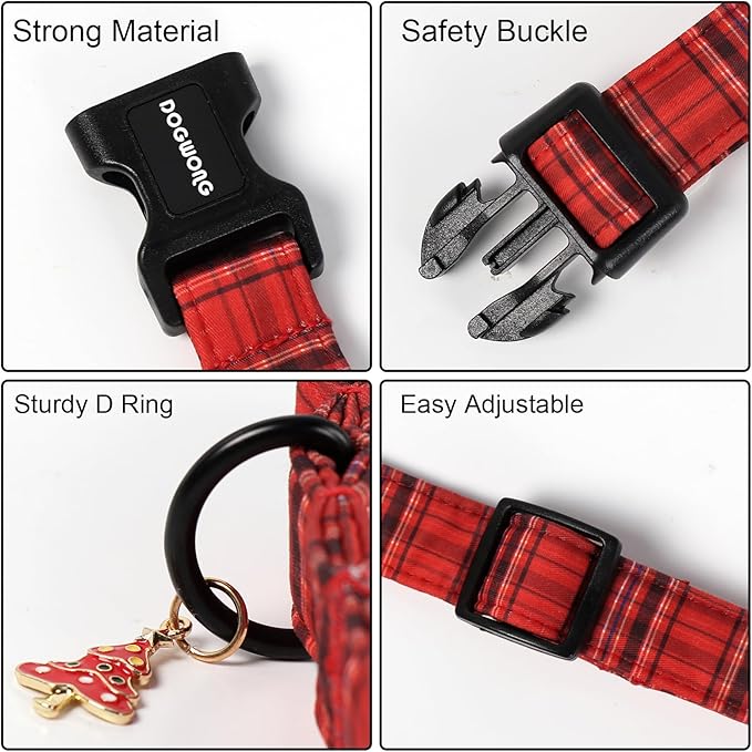 DOGWONG Christmas Plaid Dog Collar, Cute Adjustable Red Collar, Red Grid Dog Collar with Strong Plastic Buckle for Small Medium Large Dogs,XS