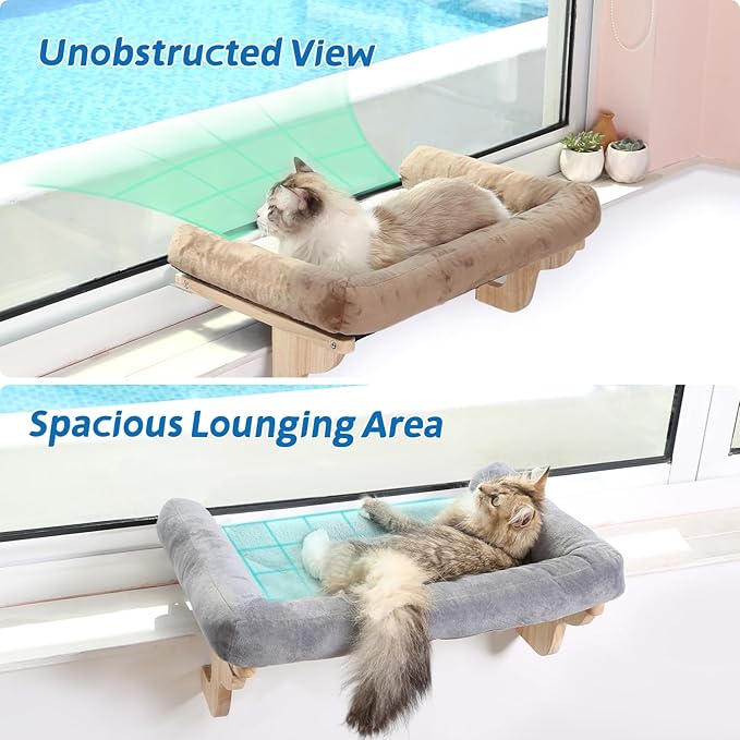 Zakkart Cat Perch for Window Sill with Bolster - Orthopedic Hammock Design with Premium Hardwood & Robust Metal Frame - Cat Window Seat for Large Cats - Natural Color Wood Brown Bed, XLarge 26.4''W
