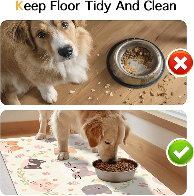 Cat Feedings Mats 20x12 inch Beige Cat Print Pet Bowl Placemat Non Slip Mat for Cats Food and Water Indoor Kitty Feeding Station Cute Cats Meal Mat for Small Pets Kitchen Floor Use