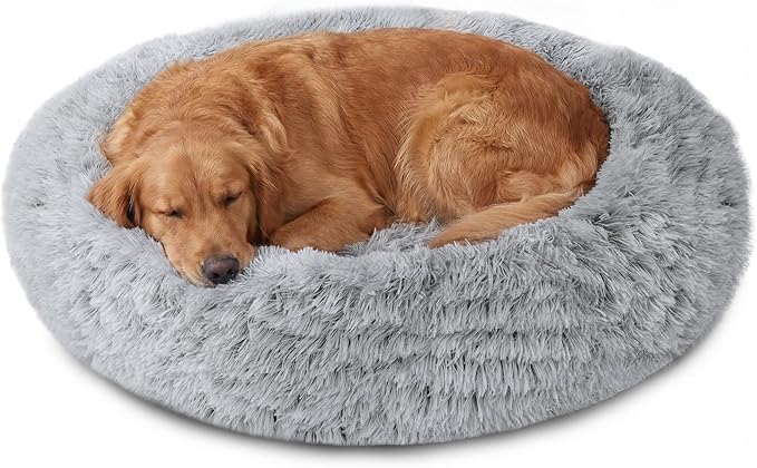 JOLLYVOGUE Calming Dog Bed Medium Size Dog, Anti-Anxiety Donut Medium Dog Bed, 31 inches Fluffy Faux Fur Cushion Bed for Dogs and Cats, Fits up to 45 lbs Pets (Smoke Grey)