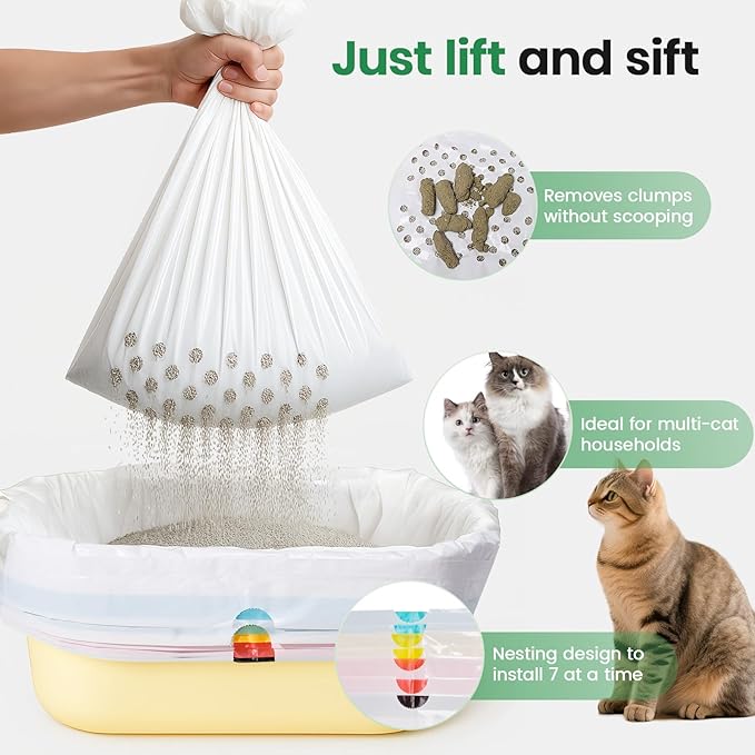 Sifting litter bags with 7-Day Litter System, Heavy Duty Thickened litter liners, 37x18 Inch (7 Pack) For Most Litter Boxes and Cat Supplies