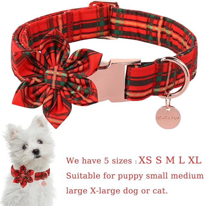 Christmas Dog Collar with Flower, Cotton Christmas Plaid Collar for Medium Girl Boy Dog,Red &Green Plaid Dog Collar Bowtie with Durable Metal Buckle,Adorable Pet Collar,XL,Neck 16-26in