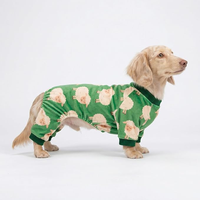 Fitwarm Funny Sheep Dog Pajamas, Warm Winter Dog Clothes for Small Dogs Boy Girl, Cozy Pet Onesie with Feet, Green, White, XS