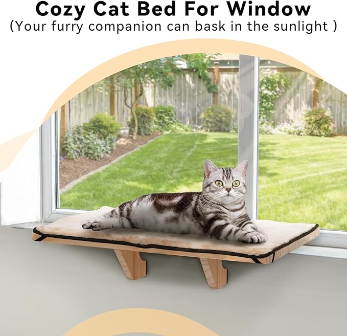 PETSFIT Cat Window Perch, Natural Solid Wood Cat Hammock with Removable Fleece Mat, Easy to Assemble Window Perch for Large Cats, Fits Windowsill, Bedside & Drawer
