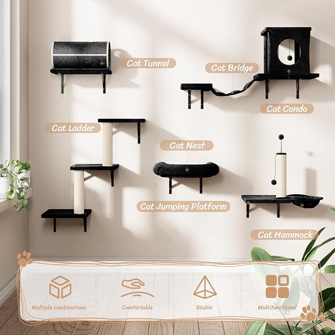 NUNU LAB Cat Wall Shelves Set, 7 Pcs Wall-Mounted Cat Climber with Cat House, Tunnel, Bridge, Scratching Post, Hammock, Wall Shelves, Black