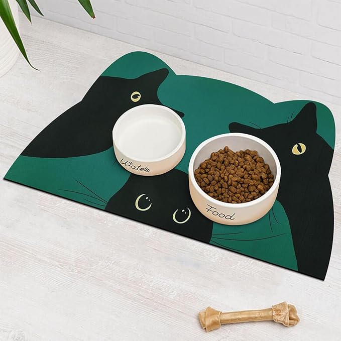 Cat Food Mat - Pet Feeding Mat for Floor, Non-Slip, Waterproof, Super Absorbent, Easy to Clean, Blue, Cat, Dog 15.9''x23.8''