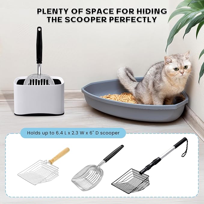 Cat Litter Scoop Holder Universal Scooper Storage Caddy for Most Kitty Poop Shovel, Durable Removable Pet Pooper Stand for Plastic/Metal Waste Scoops, Double-Layer Mini Desktop Trash Can - L White