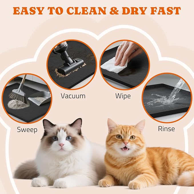 Cat Litter Mat, Large 34" x 22" Litter Box Mat, 2 Packs Cat Litter Box Mat, Non-Slip Kitty Litter Mat for Floor, Easy to Clean, Waterproof & Urine-Proof Cat Litter Mat Litter Trapping Mat, Black