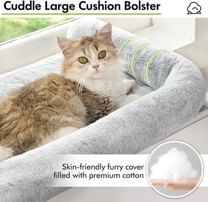 Cat Window Sill Perch with Large Bolster, Easy to Adjust & Assemble Cat Window Seat for Windowsill & Bedside, Pet Hammock Bed for Large Cats and Kittens (Grey, M)