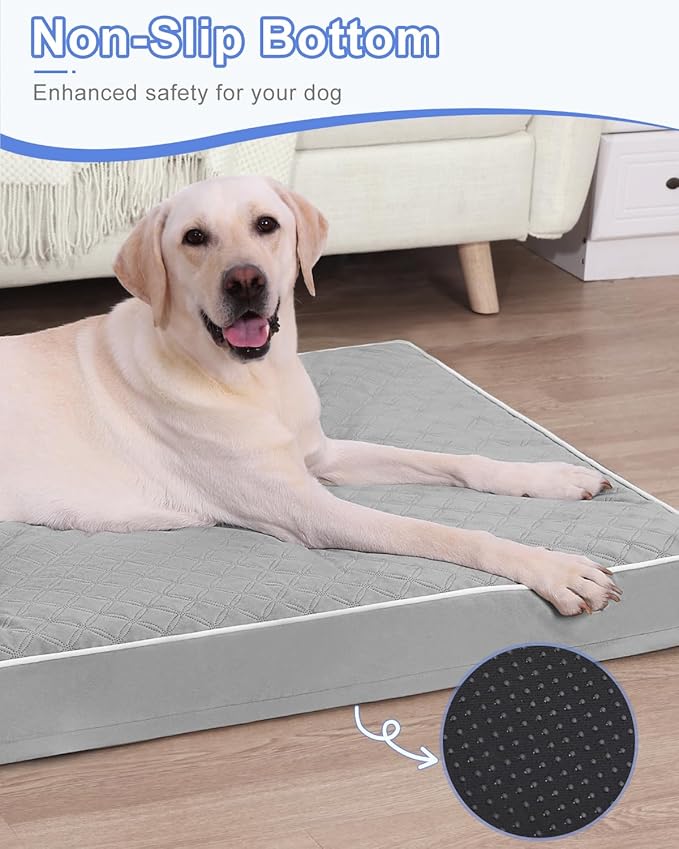 KSIIA Orthopedic Dog Bed for Crate Large Dog Bed with Removable Machine Washable Cover Waterproof Crate Pad with Egg Foam and Non-Slip Bottom, 35x22 Inch, Light Gray