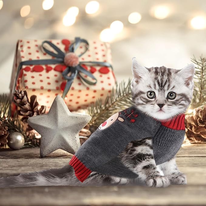Dog Christmas Sweater Xmas Pet Clothes Cute Gray Reindeer Holiday Puppy Cat Costume New Year Gifts for Small Medium Large Dogs Jumpers (XS, Gray Reindeer)
