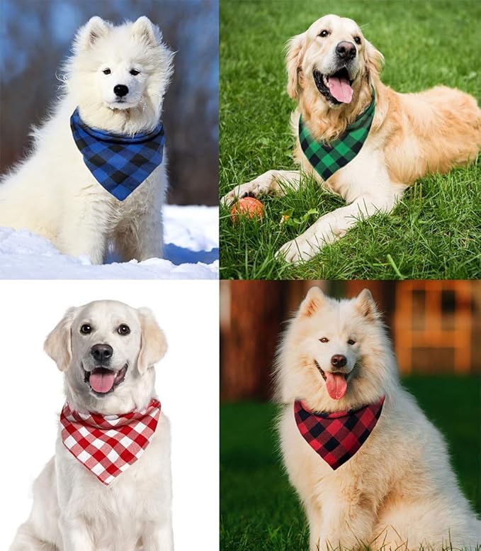 Christmas Plaid Dog Bandana with Button, Fall Dual Layer Soft Cotton Triangle Dog Scarf Kerchief Washable Girl Boy Dog Bandanas Adjustable Accessories for Small Medium Large Extra Large Dog Puppy Pet