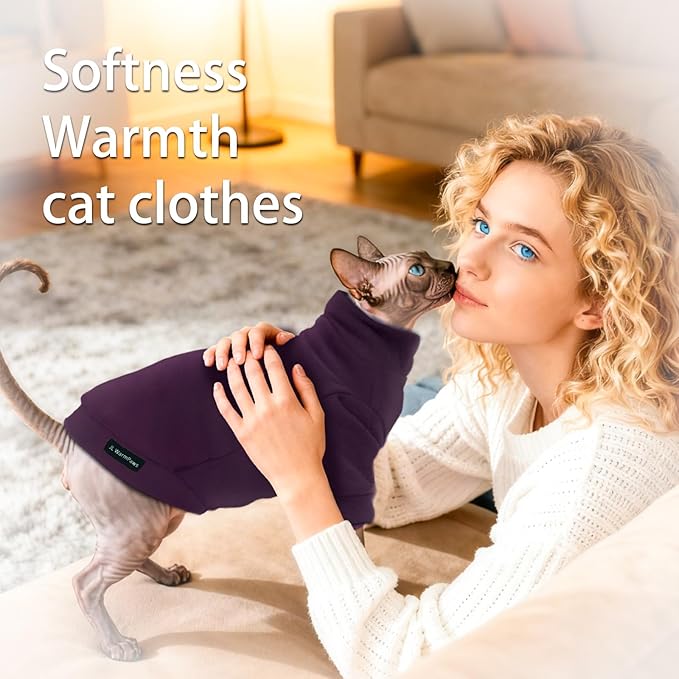 Fleece Sphynx Cat Clothes Soft Hairless Cat Clothes Pullover Cat Sweater for Chihuahua All Season Light and Warm Kitten Cloth Only Puppy Clothes Small Dog Sweater (Dark Purple, S)