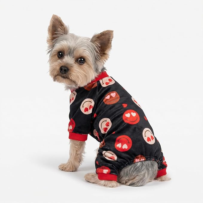 Fitwarm Hearts Eyes Smily Face Dog Pajamas, Cozy Valentines Outfit for Small Dogs Boy Girl, Festive Pet Clothes, Black, Red, XS
