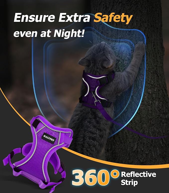 Halypet Cat Harness and Leash Set [MAX Safety 4th-Gen Upgrade] Escape Proof Adjustable Cat Leash Comfortable Soft Vest Easy to Wear Kitten Harness with Reflective Strip for Cats Walking, S Purple