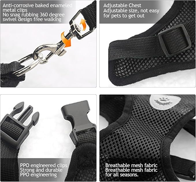 shudyear Summer cat Chest Harness and Leash, Anti-Escape Adjustable Soft mesh cat Leash and Chest Harness Set for All Types of Cats cat Vests (Size S,Black)