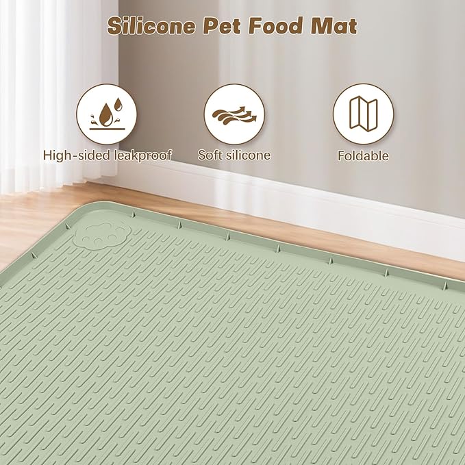 Cat Food Mat, 34" x 22" Large Silicone Pet Feeding Mat for Food and Water Bowls Non-Slip, Easy to Clean (Green)