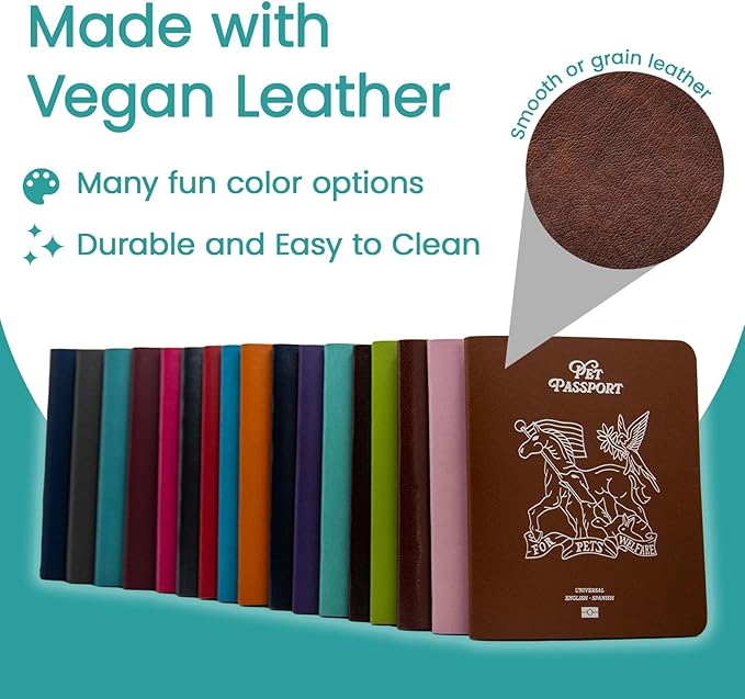 Color Premium PU Leather stitch-sewn Pet Passport Medical Record for Pet Health and Vaccination English + Spanish for Cat, Dog, Puppy and Kitten (Aquamarine, Single)