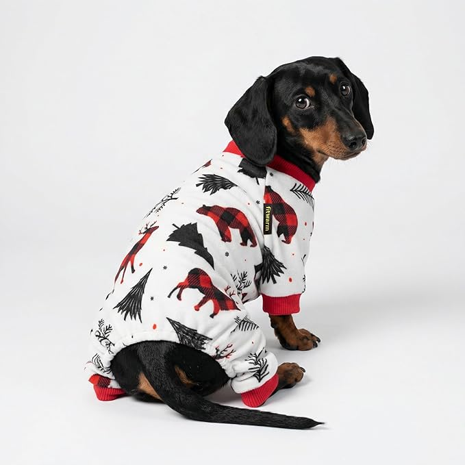 Fitwarm Reindeer Dog Christmas Pajamas, Winter Doggy Clothes for Small Dogs Boy Girl, Fleece Dog Onesie with Feet, Holiday Pet Outfit, Black, White, Red, Medium