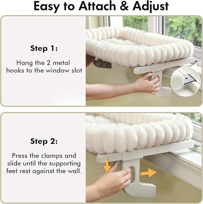 Cloud-Cuddle Cat Window Perch with 4-Sided Bolster, Zipper Design Cushion Window Seat for Window Sill, Sturdy Metal Frame & Easy Assembly Pet Hammock Bed for Indoor Cats (White, Medium)