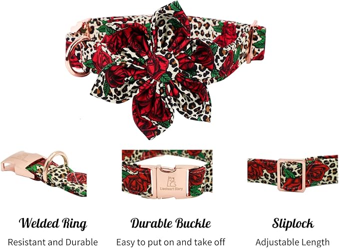 Lionheart Glory Dog Collar, Red Rose Dog Collar with Flower, Cute Floral Pattern Pet Collar Adjustable Dog Collar for X-Large Dogs