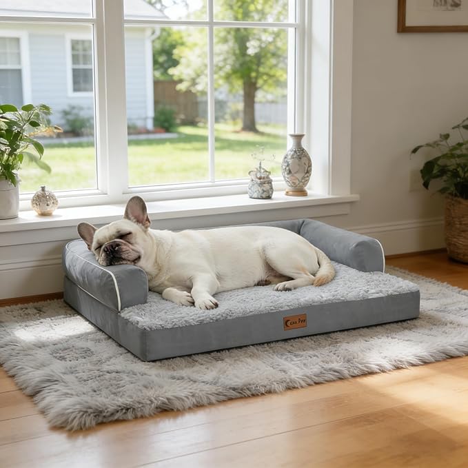 Orthopedic Dog Beds for Extra Large Dogs, Waterproof Egg Crate Foam XL Dog Bed with Sides 41x27Inch, Washable Big Dogs Couch Beds with Removable Cover and Nonskid Bottom, Grey