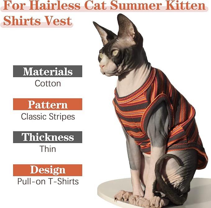BRKURLEG Sphynx Hairless Cats Shirt Puppy Clothes Soft Cotton T-Shirts Cute Cats Pajamas Cat Stripes Vest Pet Sweater, Round Collar Vest Kitten Shirts(Red Stripes, L)