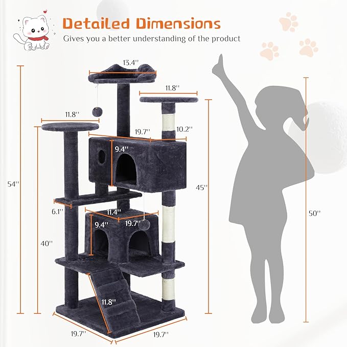 Sweetcrispy 54 Inch Cat Tree Tower, Multi-Level Tower with Cat Scratching Post, Indoor Cat Condo with Climbing Ladder, Plush Toy, Play House for Cat, Dark Grey