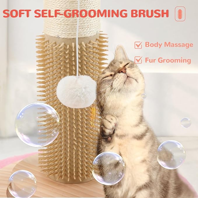 45'' Tall Cat Scratching Post,3.5Inch Diameter Sisal Rope Scratching Post for Indoor Cats Adults Kittens,Cat Scratcher with Interactive Ball Toys Self Groomer Brush for Large Cats (pink-45inch)