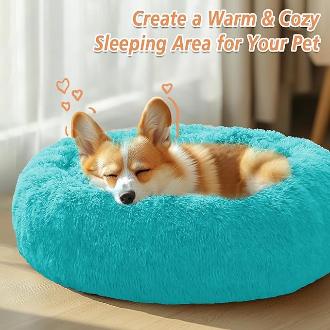 JOLLYVOGUE Calming Dog Bed Medium Size Dog, Anti-Anxiety Donut Medium Pet Bed, 31 inches Fluffy Faux Fur Round Cat Bed, Fits up to 45 lbs Pets (Aqua Blue)