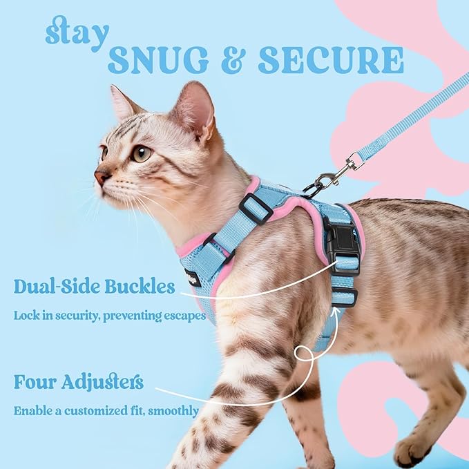 rabbitgoo Cat Harness and Leash for Walking, Escape Proof Soft Adjustable Vest Harnesses for Cats, Easy Control Breathable Reflective Strips Jacket, Light Blue&Pink, XS