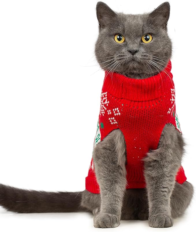 Stretchy Cat Christmas Sweater - 2 Packs Christmas Sweaters for Cats | Snug Winter-Ready Knit for Boy/Girl Cats & Kittens(Scarlet, Medium)