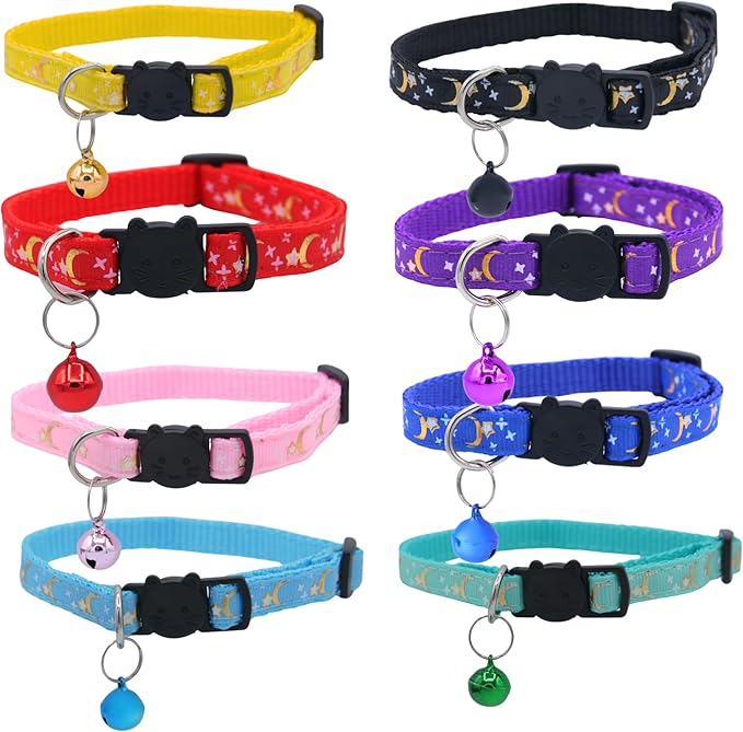 Set of 2: KioKatt Celestial Nylon Cat Collars with Matching Bells – Adjustable Breakaway Safety Collars for Adult Cats, 7–11" (Yellow + Soft Blue)