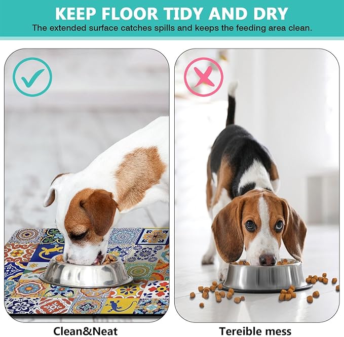 Moroccan Trellis Dog Food & Water Mat,Mexican Talavera Boho Colorful Colorful Pet Feeding Mat for Floor Non-Slip Waterproof, Super Absorbent Cat Bowl Mat, Easy to Clean Durable Pet Placemat,16" × 24"