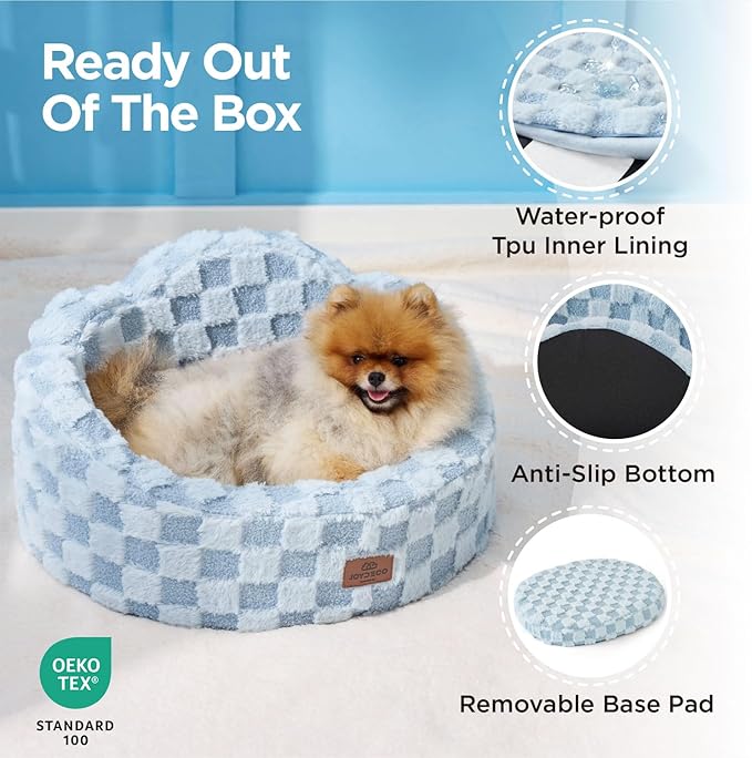 Joydeco Cloud Dog Bed for Small Dogs & Cats, Washable Pet Bed with Orthopedic Foam and Removable Checkered Plush Pad, Non-Slip Bottom for Indoor Puppies and Kittens, 27x24 Inch, Light Blue