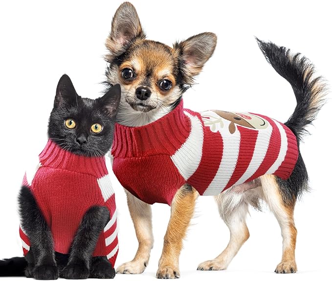 Dog Christmas Sweater Cute Striped Reindeer Xmas Pet Clothes Holiday Puppy Cat Costume New Year Gifts for Small Medium Large Dogs Jumpers (L, Red White Stripe Reindeer)