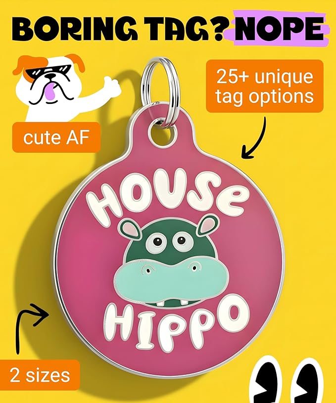 Bad Tags Personalized Dog and Cat ID Tags in 25+ Designs and 2 Sizes - 5 Lines of Custom Engraved Text - Funny Cute Personalized Pet Tags (House Hippo - Pink, Large (1.25 inch))