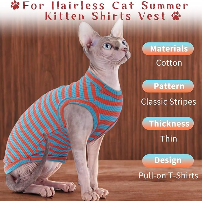 BRKURLEG Hairless Cats T Shirt, Cat Sweaters, Pullover Kitten Shirts, Sleeveless Round Collar Cotton Vest for Cornish Rex Devon Rex Peterbald and Small Dogs Sweater(OrangeBlue Stripes, M)