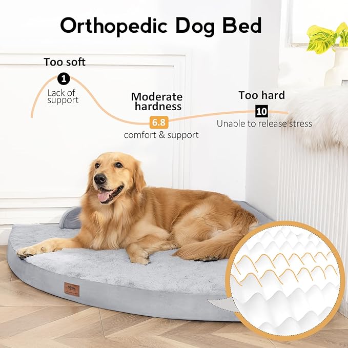 Orthopedic Dog Bed for Extra Large Dogs - XXL Egg-Crate Memory Foam Dog Beds with Removable Washable Cover, Waterproof Pet Beds with Non-Slip Bottom, Grey