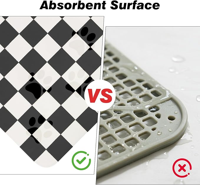 Checkered Dog Food Mat, Absorbent Leak-Proof Pet Feeding Mat, Quick Dry Cat Food Mat for Messy Drinkers 12" x 20" Black