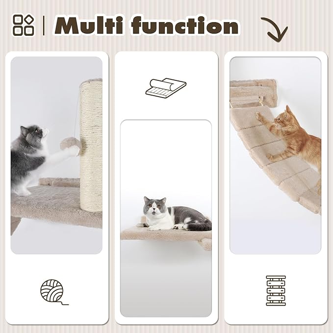 Cat Wall Shelves Climber Systems, Set of 7 Heavy Duty Wall-Mounted Cat Furniture Set with Scratcher Post, Bridge Ladder, Wooden Platform and Hanging Ball for Kittens, Large Cats