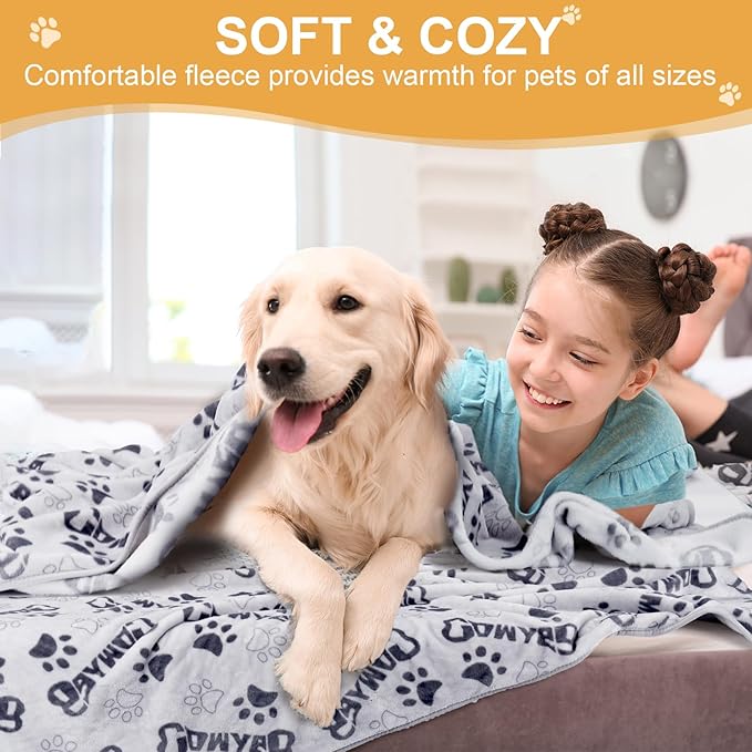 Dog Blankets for Large Dogs Upgraded, Dog Cat Flannel Blankets Washable, Cute Bone Paw Print Blanket for Bed Cover, Couch, Crate, 80x60 inch