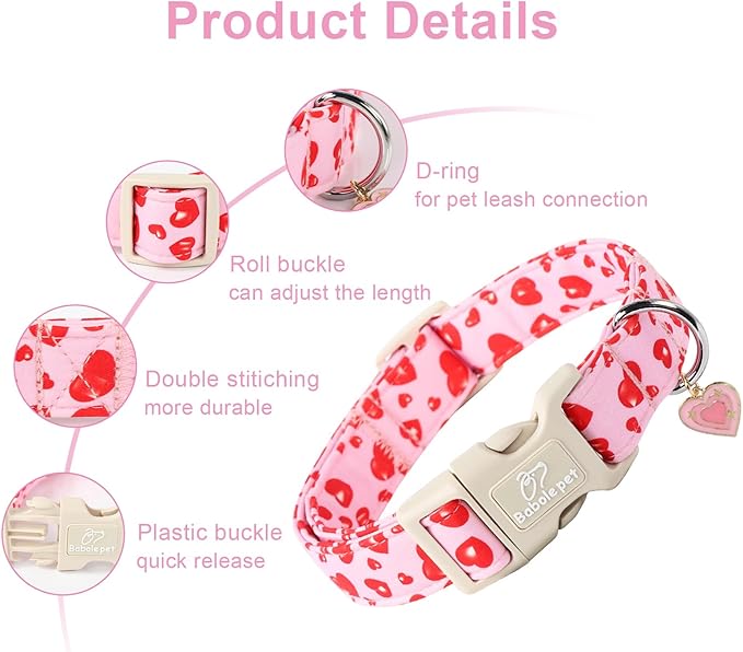 Valentines Dog Collar, Cute Pink Dog Collar with Red Heart Printed, Comfortable Girl Puppy Collar with Quick Release Plastic Buckle, X-Small