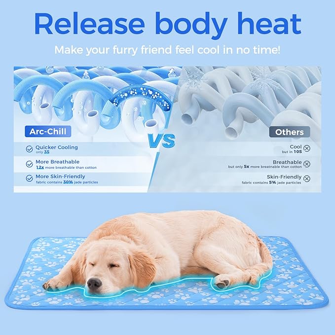 Rywell Self-Cooling Mat for Dogs Medium, 30'' x 20''- Endothermic Color Changing Arc-Chill Cooling Fiber - Washable Non-Toxic Summer Pet Outdoor Bed, Non-Slip, Foldable, Quick-Dry Dog Blanket
