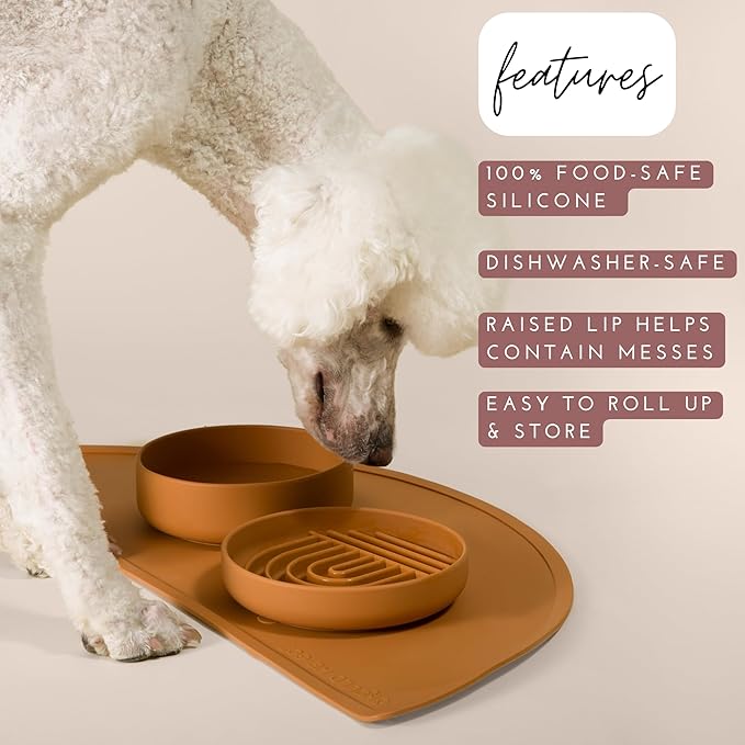 Should We Go - Waterproof Silicone Pet Food Mat - Non-Slip, Spill-Proof Feeding Mat for Floors, Raised Edge Design, Easy-to-Clean, Rubber Pad for Dog & Cat Bowls, 28" Across x 14" Deep, Large-Blush