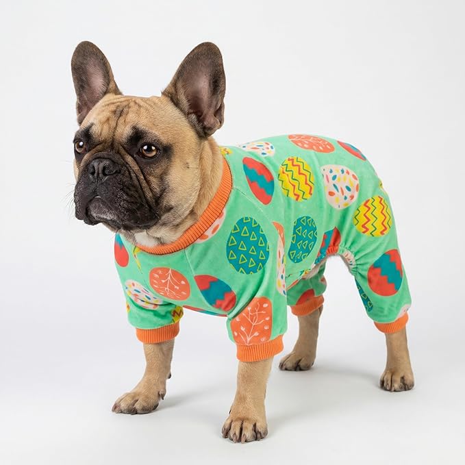 Fitwarm Easter Egg Dog Pajamas, Holiday Dog Clothes for Small Dogs Girl Boy, Pet Easter Outfit, Puppy Cat Onesie, Lightweight Velvet, Light Green, Orange, Small